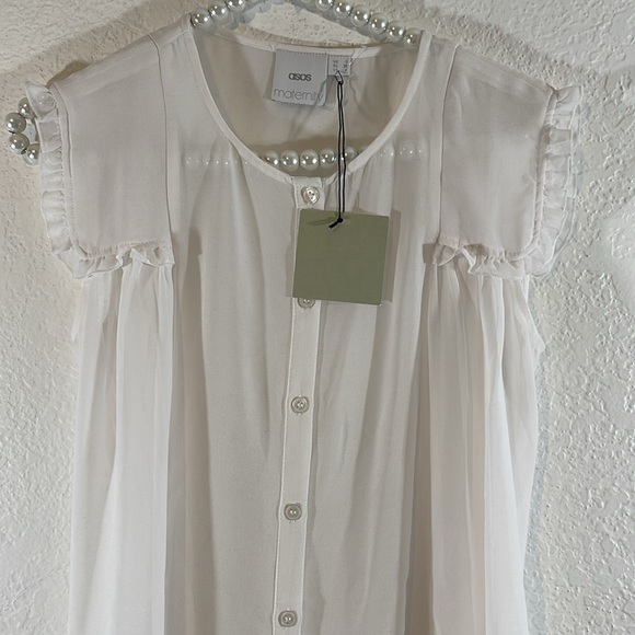 ASOS MATERNITY White Sheer Ruffle Trim Button Front Blouse Short Sleeve Sz 4 NEW - Picture 2 of 8